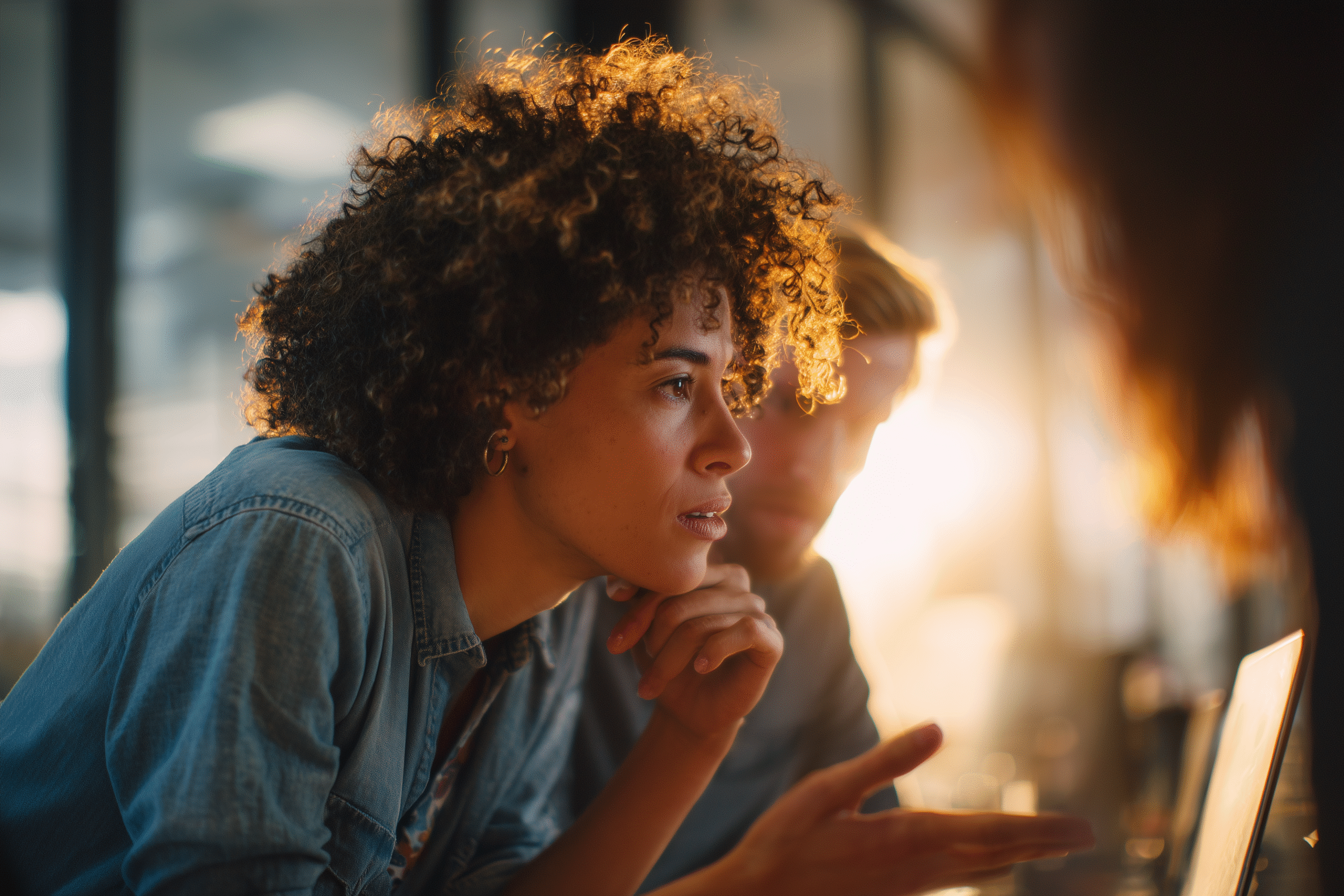 monk 89042 woman with curly hair in denim shirt leaning over co 22419d52 6d00 4174 9923 f2bd4d0fcd7d